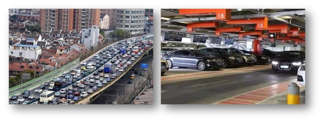 城市交通拥堵,停车场车满为患